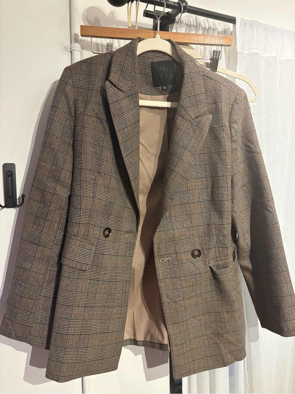 Wayf Plaid Blazer in Brown and Beige Tones